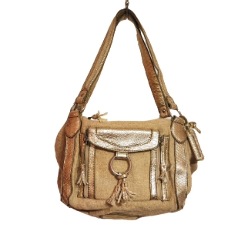 Stone Mountain Tan Gold Canvas Metallic Cube Shoulder Bag